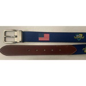 PETER MILLAR Canvas & Leather Belt Adjustable Sz 30 32 34 36 38 Blue US Flag NPS